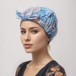 woman wearing palm pattern shower cap blue and pink